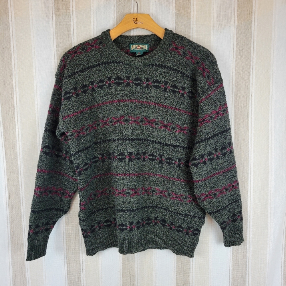 American Eagle Outfitters Green Crewneck Sweater with Pink and Black Pattern